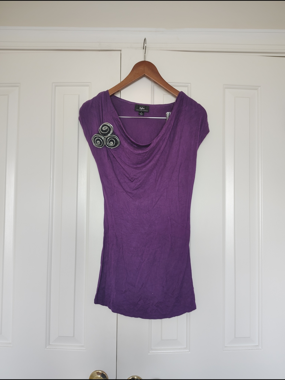 Y2K Purple Draped Cowl-Neck Cap Sleeve Top with Zipper Flower